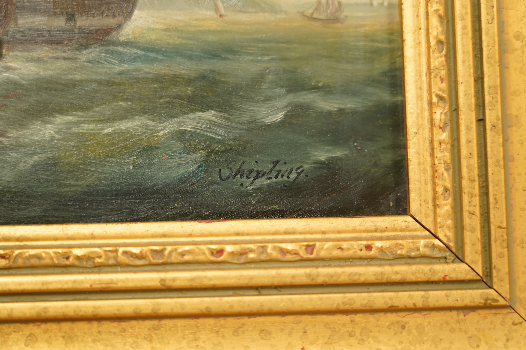 Shipling, oil on board, British naval ships before a coastline, signed, 19 x 39cm, gilt framed. Condition - fair, losses to the frame